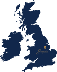 Map of the UK with a pin in Newark on Trent where the bespoke showroom is.