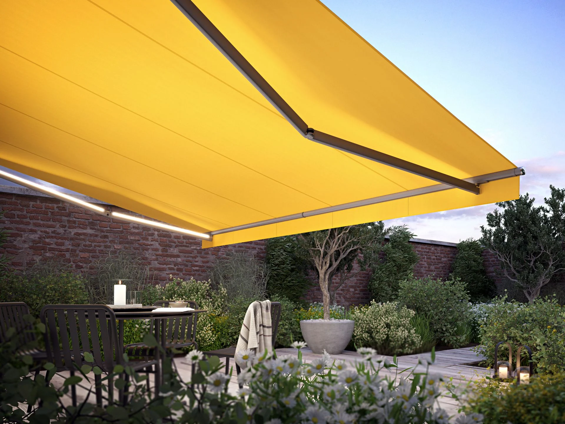 Yellow awning with LED arms